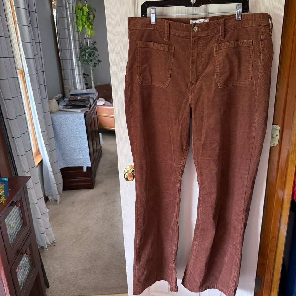 GAP 70s Flare High Rise Corduroy Pants 18 Brown Patch Pocket Boho Retro 34 Reg